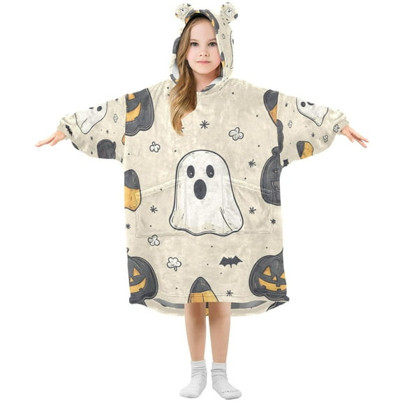 FORMRS Wearable Blanket Hoodie with Sleeves for Kids Cozy Flannel Sweatshirt, Halloween Black Pumpkins