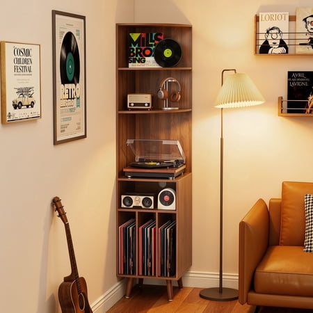 WIRRYTOR Corner Record Player Stand, 5-Tier Mid-Century Modern Vinyl Record Storage Cabinet with Solid Wood Legs, Walnut Tall Turntable Stand