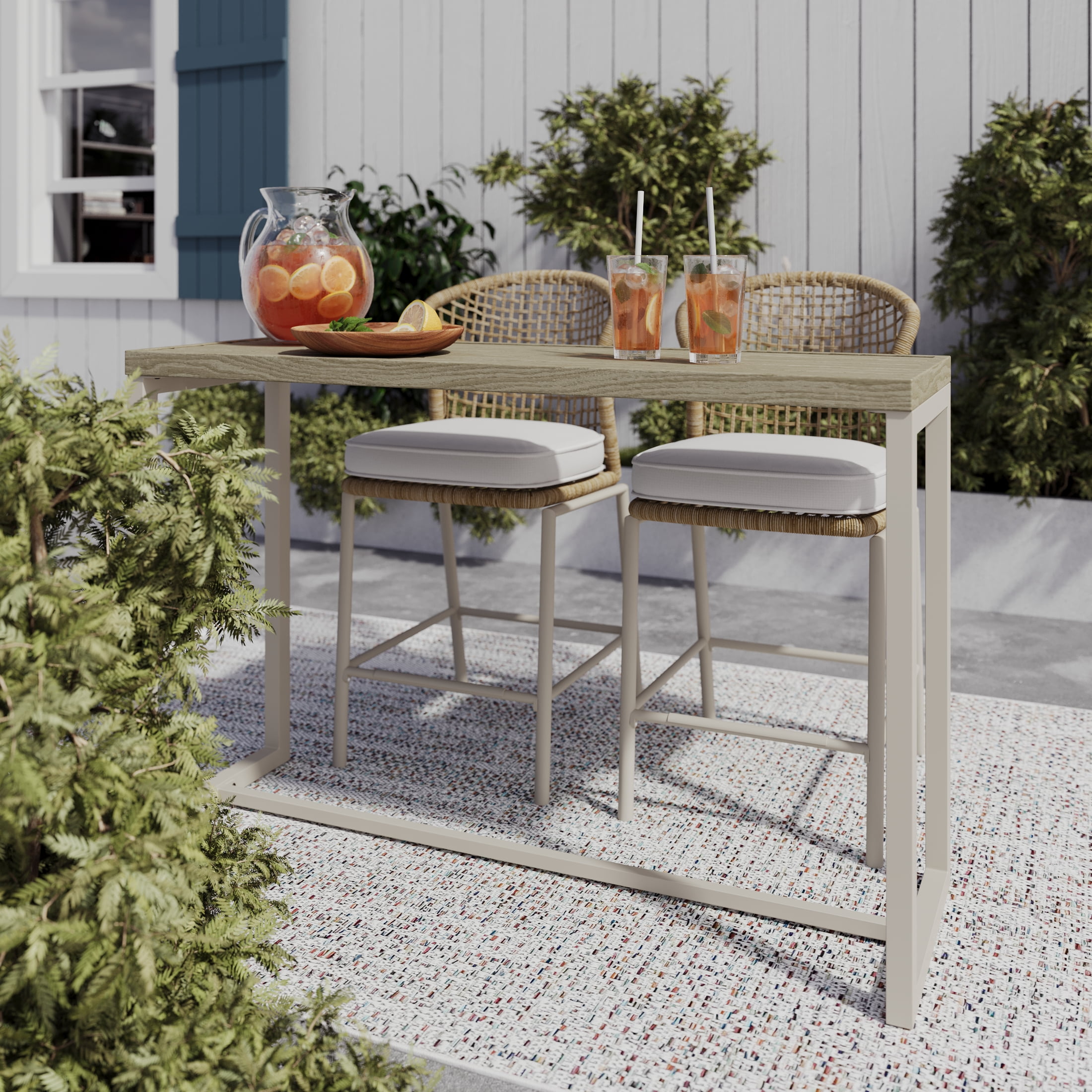 HOMETRENDS Lasso 3-Piece Steel Outdoor Bar Height Dining Set with Cushions, Beige