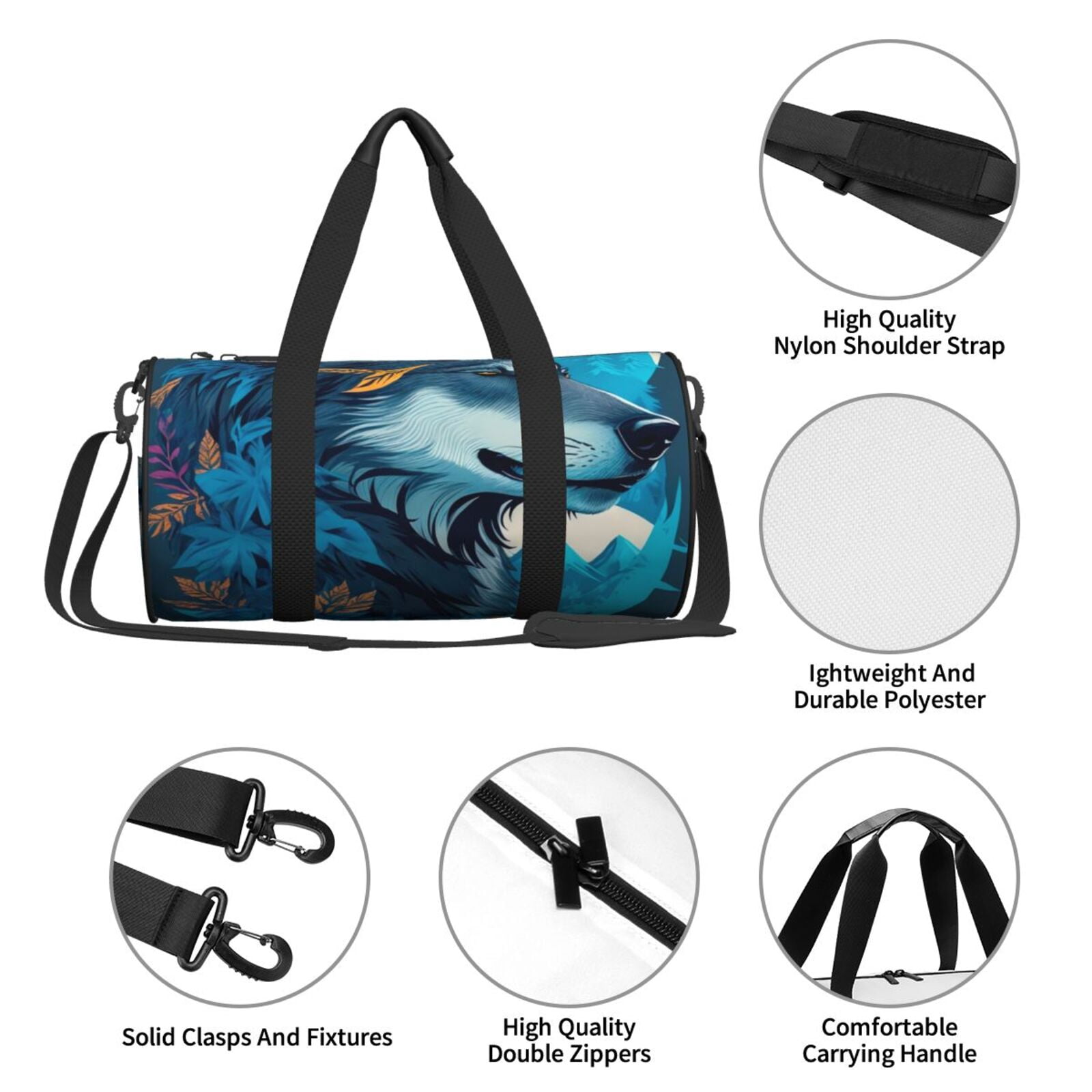 Vsdgher Blue Iceberg Leaf Wolf 45L Foldable Duffel Bag, Sports Gym Bag,Overnight Bag, Portable Weekender Bag for Airplanes