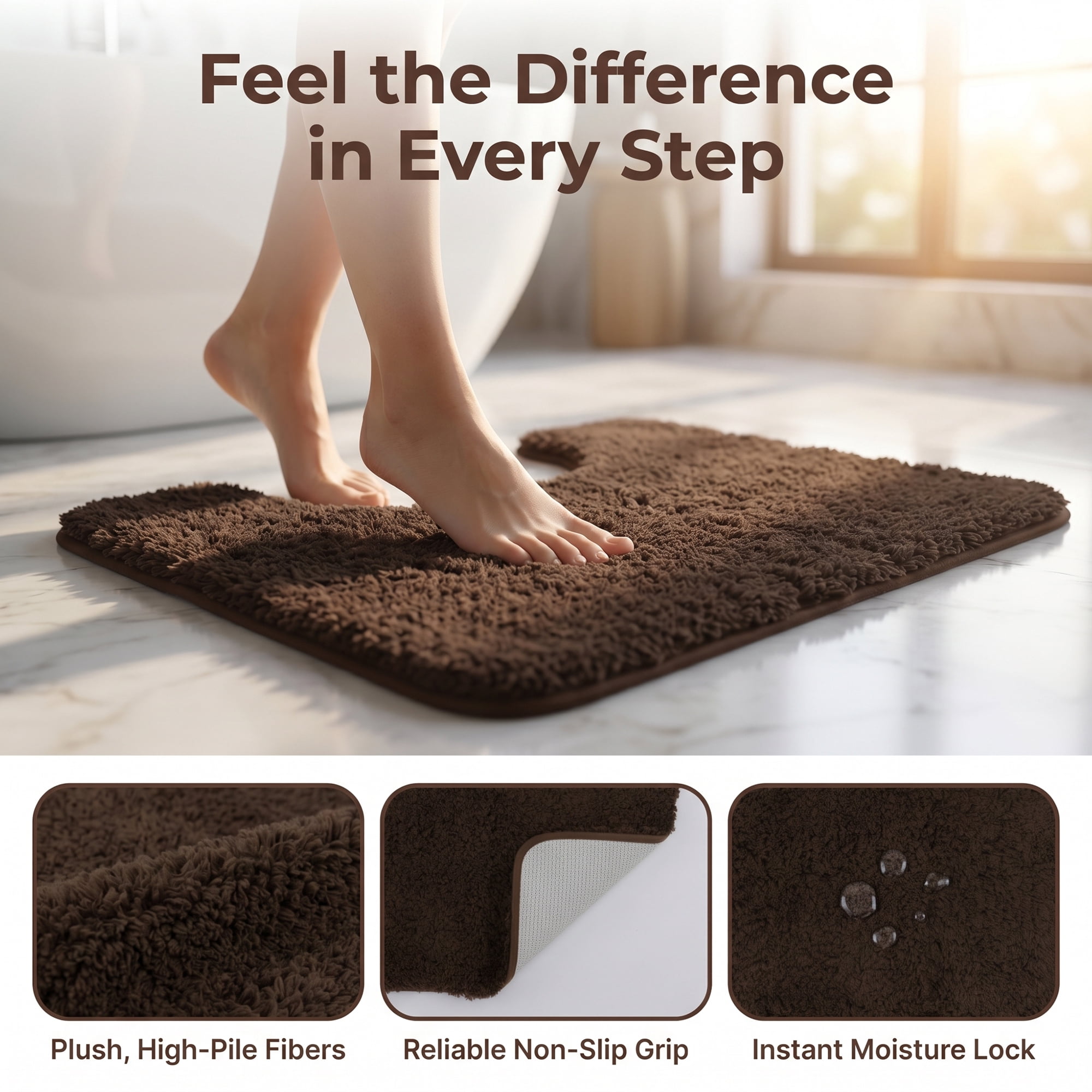 Unique Bargains U-Shaped Absorbent Non Slip Washable Plush Bath Mat Brown 20" x 20"