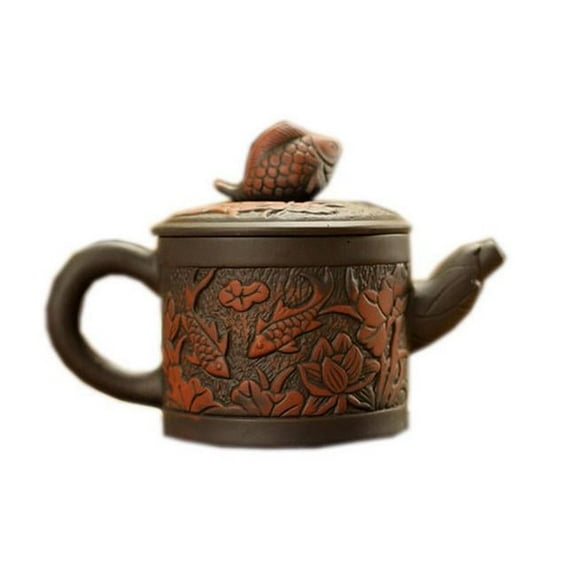 Two Carps in Lotus Pond Purple Clay Teapot, Orange