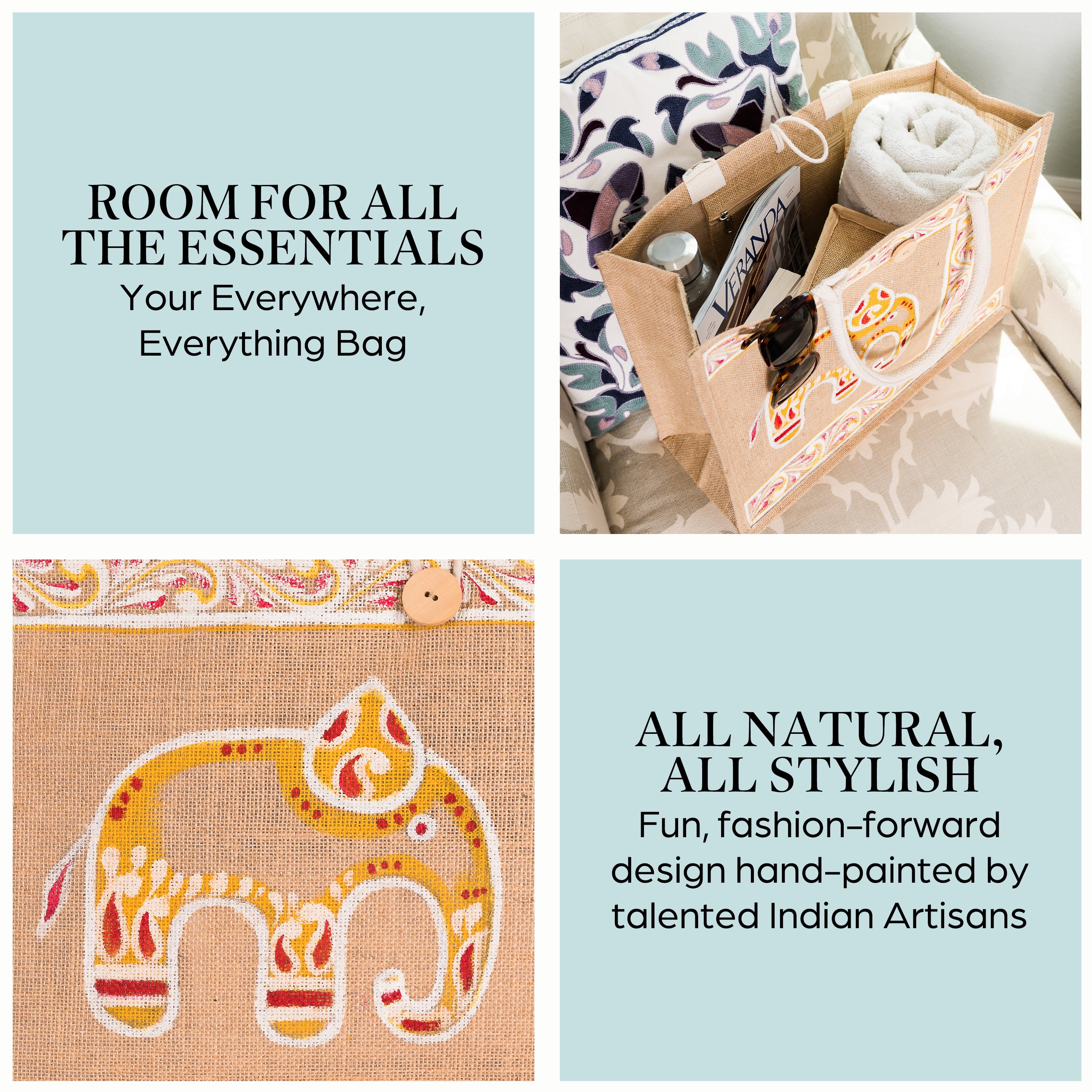 FOLIATE Jute Tote Handbag with Zipper Pouch (Large, The Elephant)