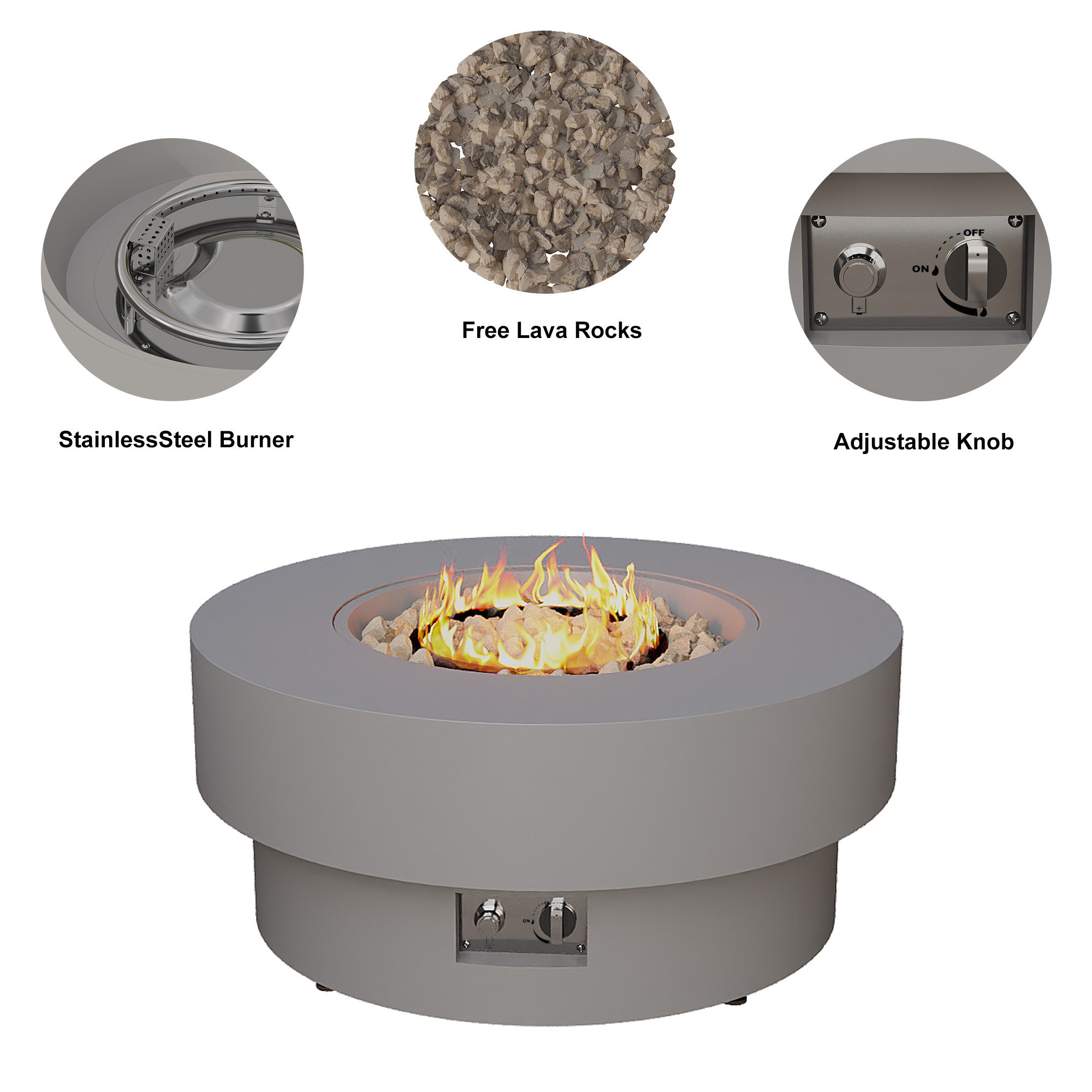 HongTaoK 32.5" Round Propane Free Fire Pit, 50K BTU Magnesium Oxide Outdoor Heater with Lava Rock, Gray