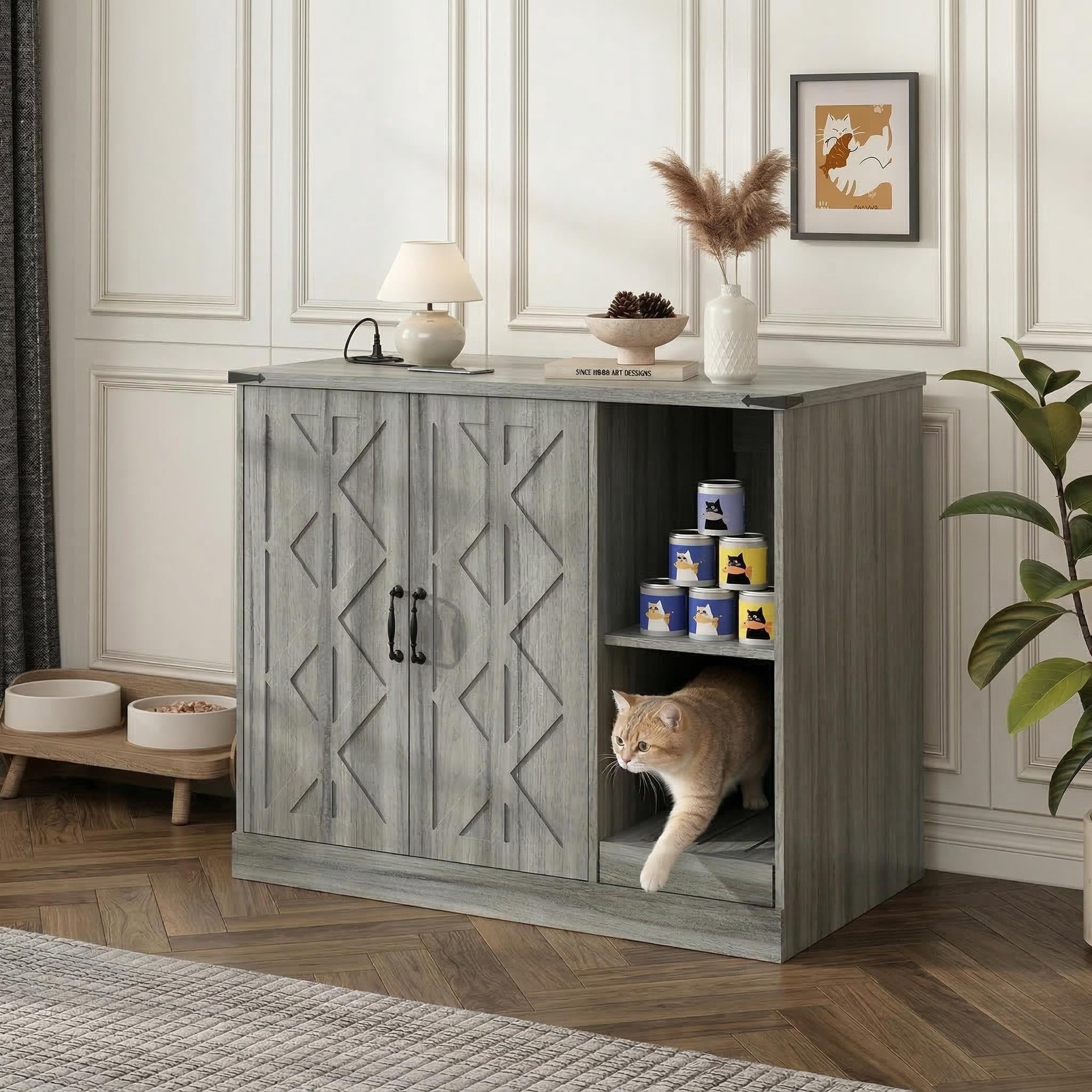 FFZ Cat Litter Box Cabinet Power Outlet Contemporary Furniture Large Automatic Hidden Enclosure Gray