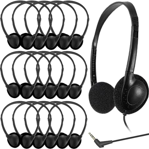 Ladont Bulk Auriculares de aula para niños, paquete de 25, auriculares supraaurales con cable para estudiantes de aula, sonido claro, conector de 3,5 mm para aprendizaje en línea (negro)