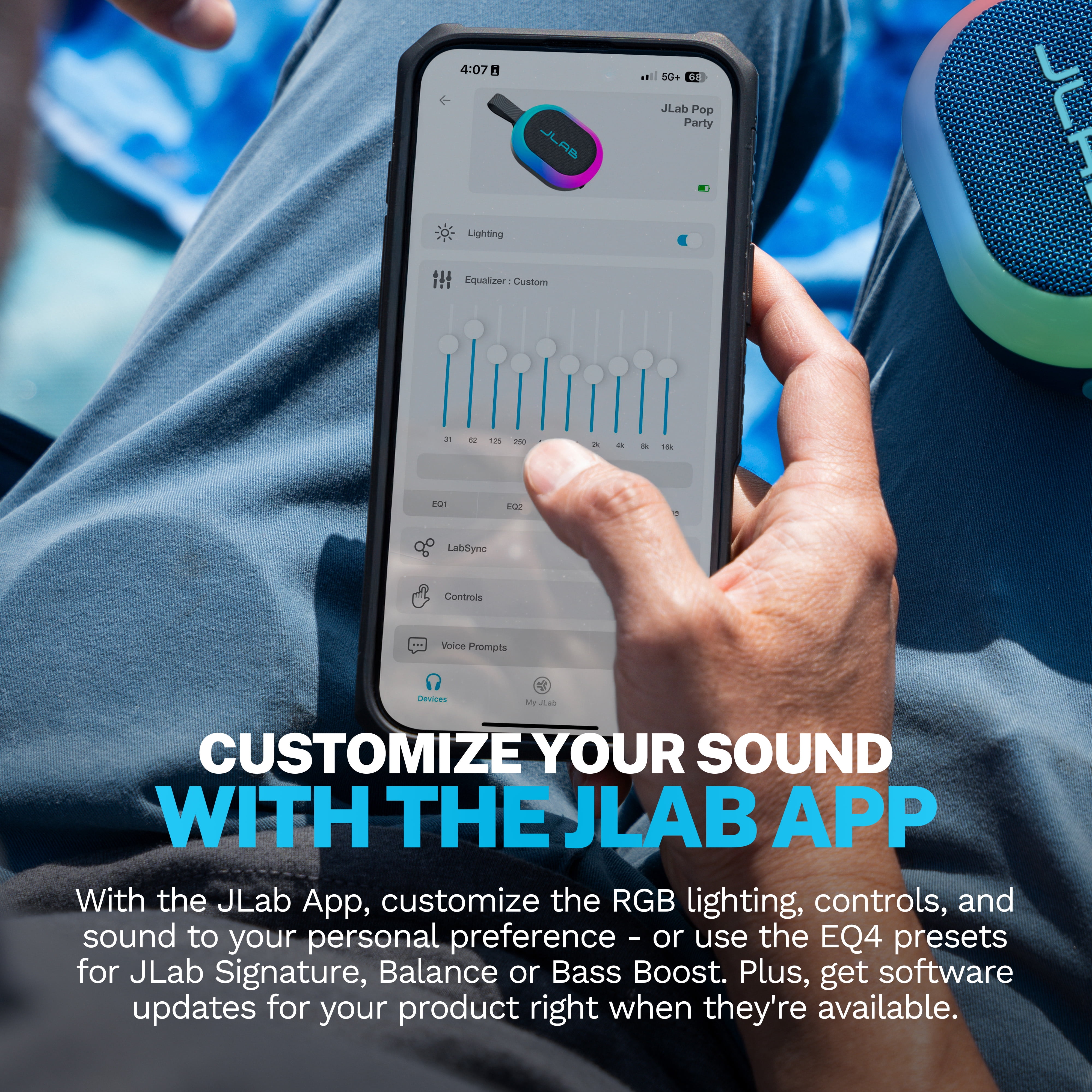 JLab Pop Party Portable Bluetooth Speaker, 5W, 8 Hour Playtime, RGB Lighting, Splashproof, Navy