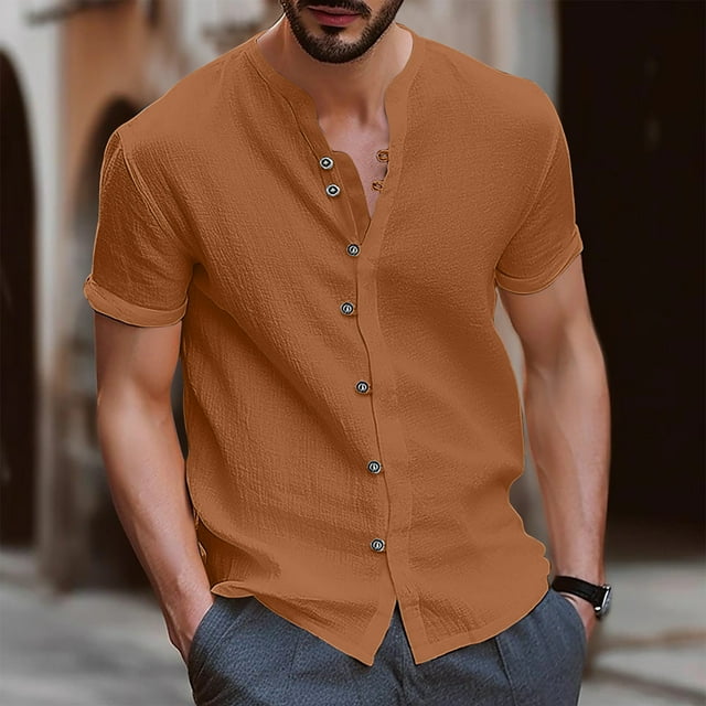 TIMIFIS Mens Short Sleeve Top Cotton Linen T Shirts Beach Solid Short Sleeve Shirts V-neck Button Closure Tops Blouse - Spring/Summer