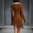 thumbnail image 4 of CIENVNSTG Office Dresses for Women Suede Vintage Western Round Neck Long Sleeve Fringed Formal Wedding Guest Dress Light Brown M, 4 of 5