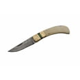 thumbnail image 2 of SANZ 4" Lockback Knife – Damascus Steel Blade, Bone Handle, Engraved Brass Bolster, Green Wood Spacer, Filework Design, 2 of 2