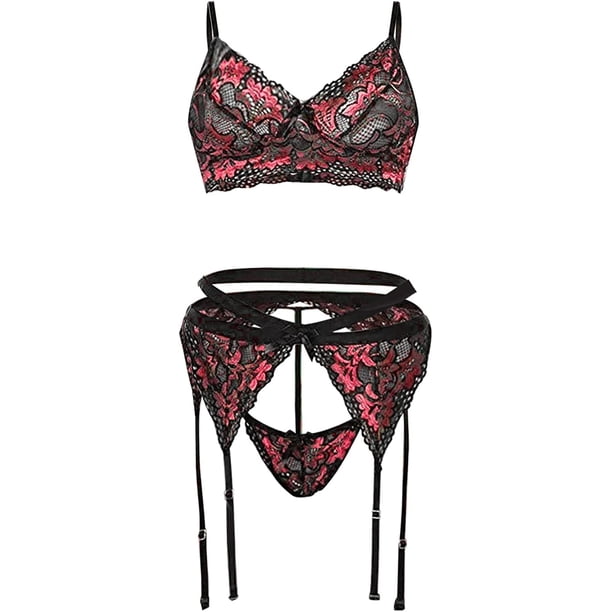 2023 - Brasier sexy de encaje bordado para mujer, lencería sexy con liga + tanga, conjunto de ropa interior, bragas con abertura para mujer A XL A XL Xishao ropa