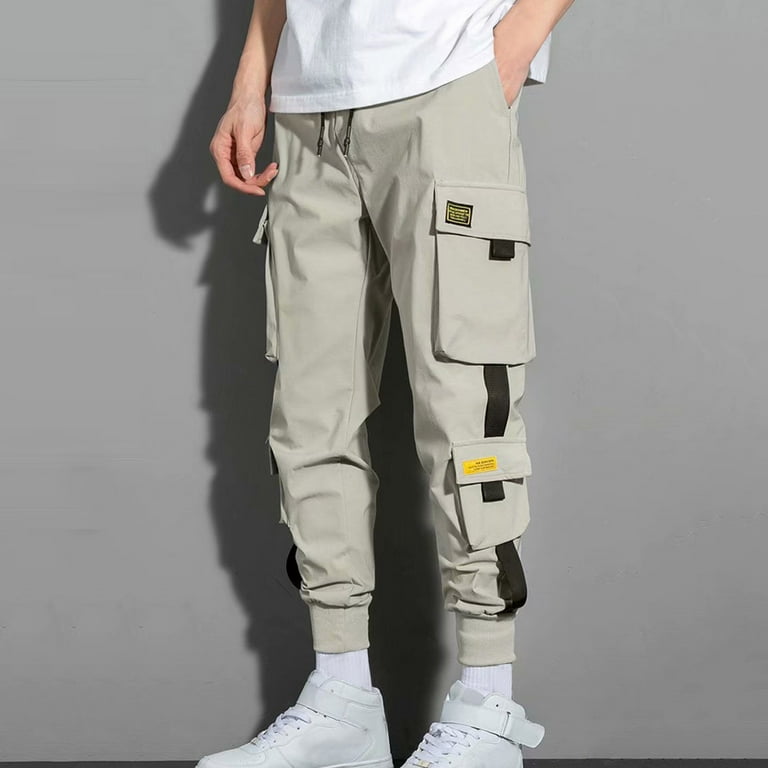 Men Cargo Pants Black Ribbons Block Multi-Pocket Harem Joggers Sweatpant  Hip Hop Casual Male Trousers