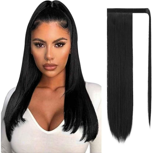 LAICAIW Extension Longue Queue de Cheval Droite 24 Pouces Enrouler Extensions de Cheveux Synthétiques à Clip pour Femmes, Noir Naturel