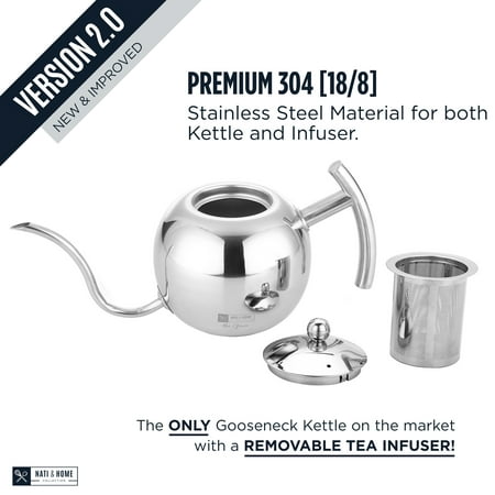 Premium Stainless Steel Pour Over Drip Coffee Tea Kettle - The Original 'Genie' - Built-In Removable Tea Infusion For Tea Coffee Lovers - 1.1 L / 4 1/2 (Best Electric Pour Over Kettle)