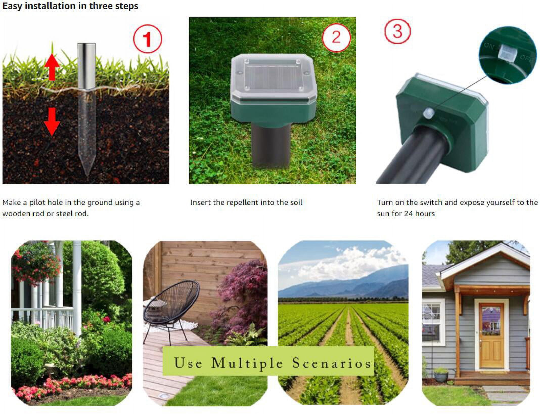 Pet Safe Pack of 4 Sonic Mole Repellent Solar Powered for Lawn Garden Yard, IP65 Waterproof Outdoor Ultrasonic Snake Repellent for Get Rid of Mole, Gopher, Snakes, Vole and Other Underground Pests