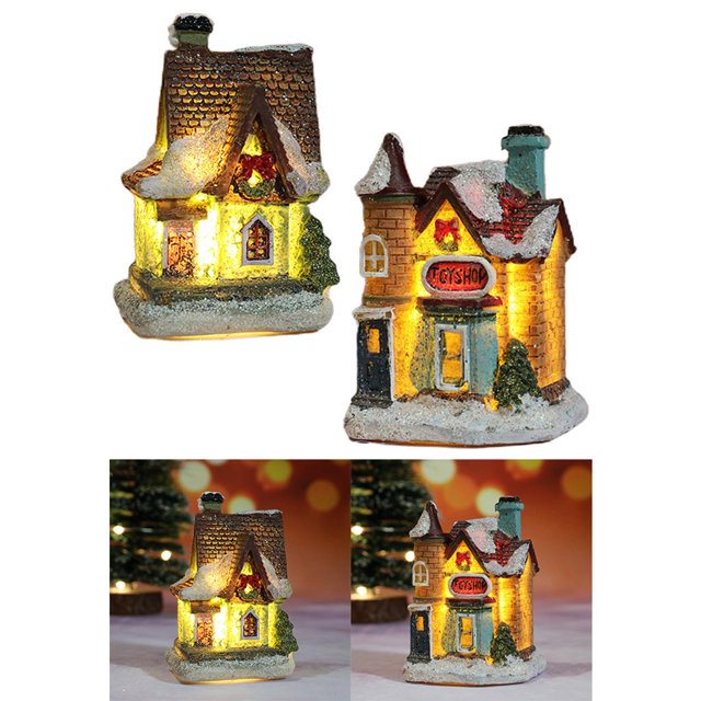 2PCS Christmas Scene House LED Light Village Set Adornos Navideños para BLESIY Casa de miniaturas de resina