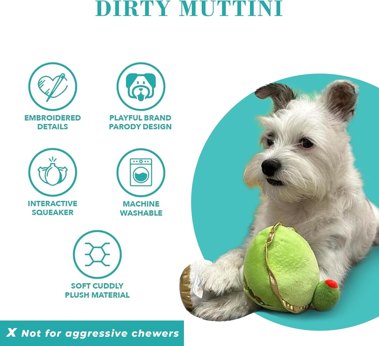Haute Diggity Dog Dirty Muttini, Plush Designer Dog Toys with Interactive Squeaker, Stimulating Pet Enrichment, Machine-Washable & Safe Materials for All Breeds, One Size