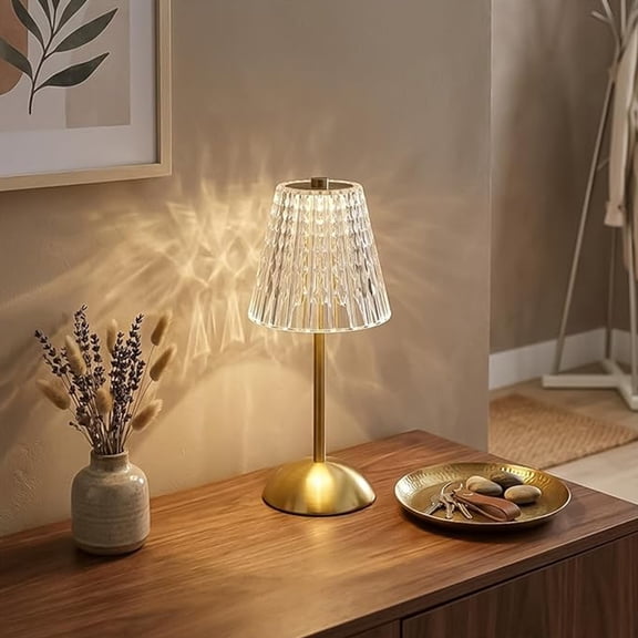Cordless Crystal Table Lamp Rechargeable Touch Lamp, 3 Color Dimmable LED Desk Light for Bedroom Living Room Decor - USB-C Charging, Battery Operated, Crystal Shade, Gold