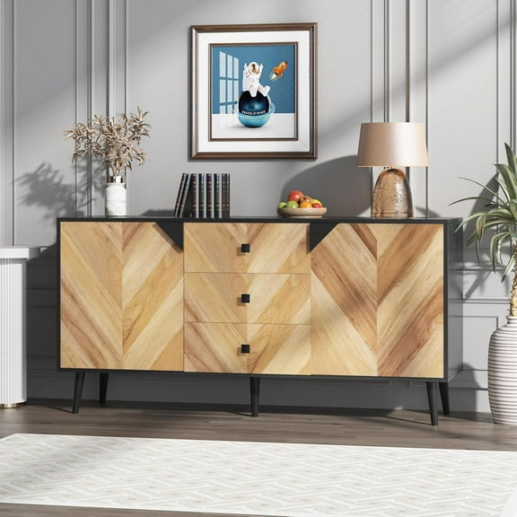55.1 Inch 3 Drawer Storage Cabinet with Adjustable Shelf & Doors, Modern Sideboard Buffet Cabinet with Storage, Free Standing Accent Cabinetry for Dining Room, Entryway