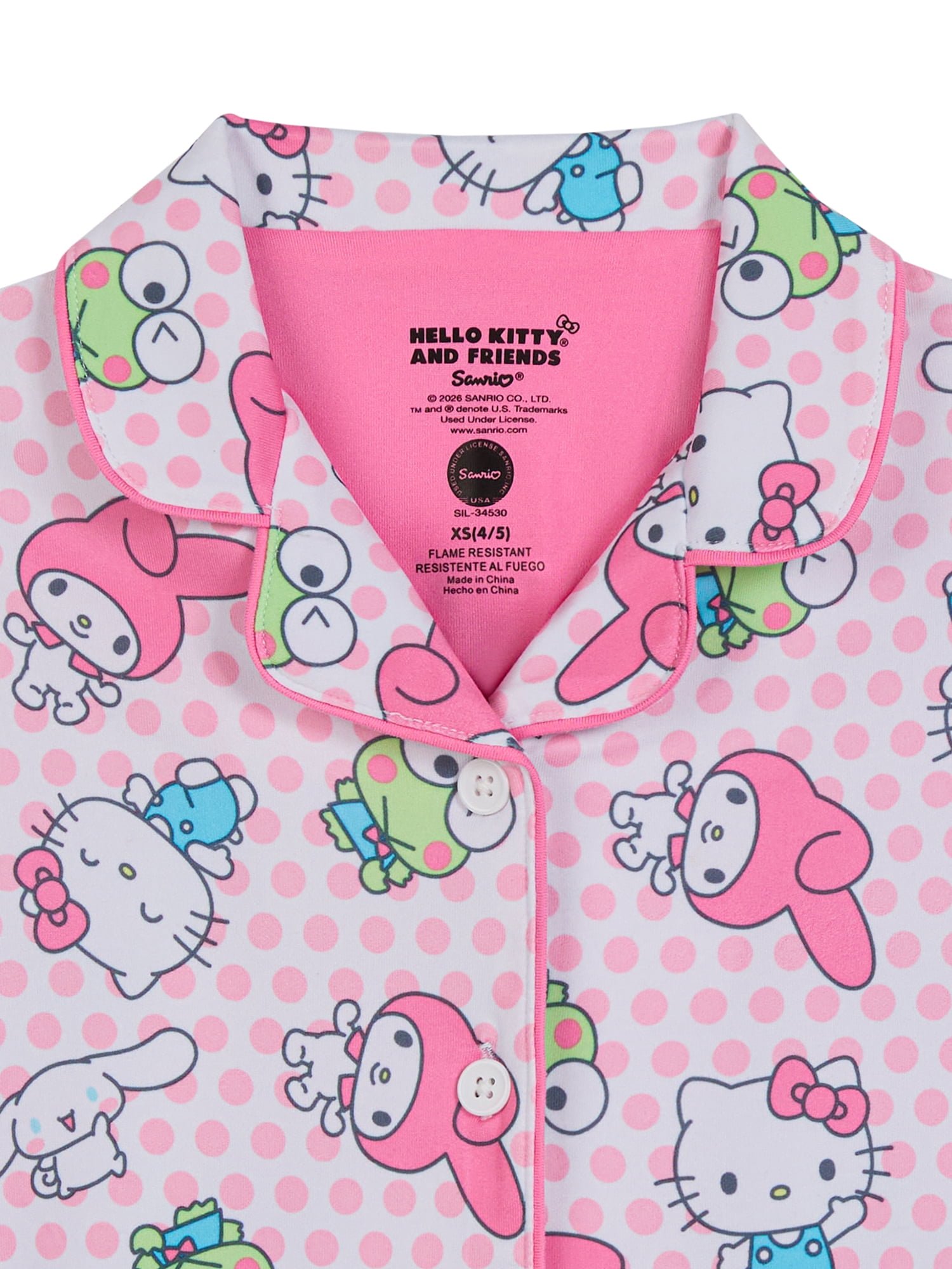 Hello Kitty Girls Button Front Top and Pants Pajama Set, 2-Piece, Sizes 4-12