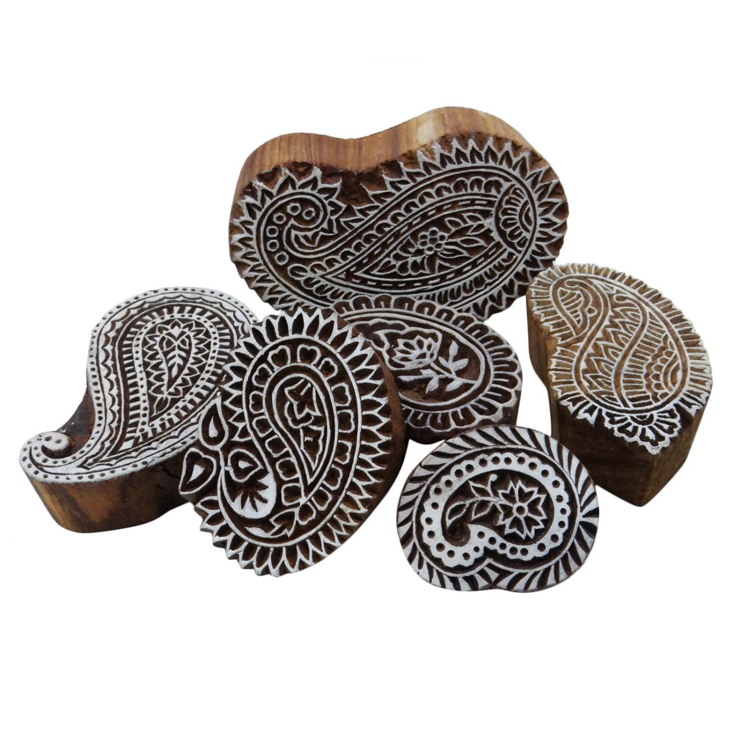 Clay Set of 6 Paper Fabric for DIY Henna Pottery Block Printing Royal Kraft Heart and Paisley Wooden Block Stamps Textile 