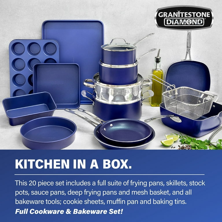 Granite Stone Pots and Pans Set 20 Piece Complete Cookware Bakeware Set  Nonstick Dishwasher Oven Safe Blue