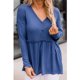 thumbnail image 2 of Blusa de mujer con cuello en V y manga larga con botones y dobladillo suelto con volantes de poliéster para oficina en casa azul S, 2 of 7