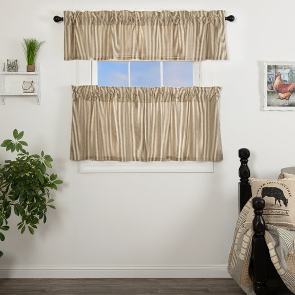 VHC Brands Sawyer Mill Charcoal 3 PC Ticking Stripe Curtain Set (1 Valance 16x72 and 2 Tier 24x36)