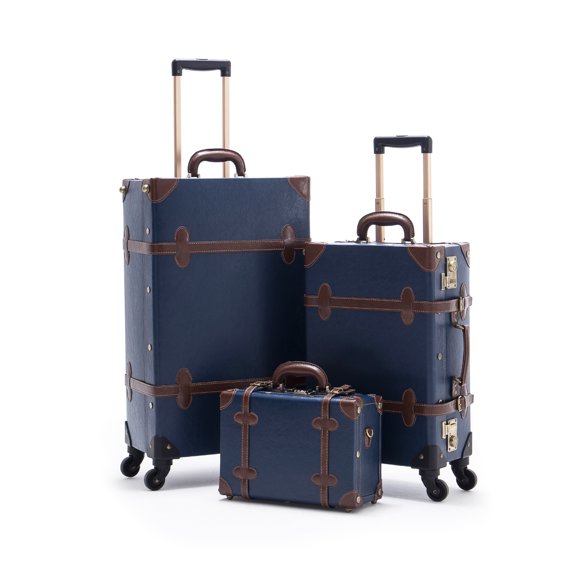 COTRUNKAGE 3 Piece 20" Vintage Carry On Luggage Set TSA Lock 26" Vintage Check In Suitcase with Spinner Wheels, Navy