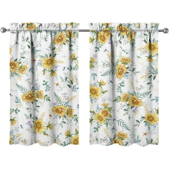 Sunflower Kitchen Curtains 24 Inch Length Floral Window Curtain Over Sink Spring Summer Small Short Tier for Bathroom Cafe Rod Pocket (2 Panels, 27.5" W x 24" L)