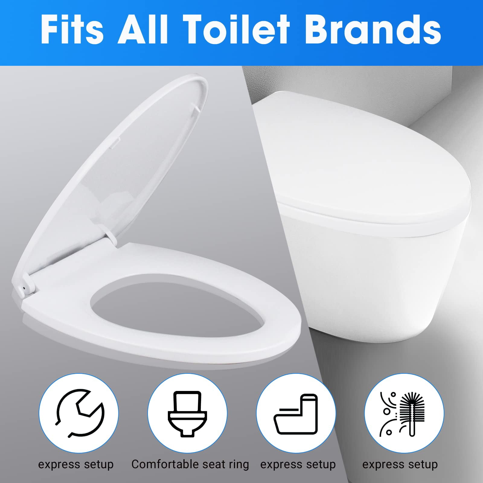 Toilet Seat  Slow Close White Heavy Duty With Non-slip Bumpers Easy To Install & Clean Pp Material Replacement Fits All Brands Elongated Toilets(mu220-pp)