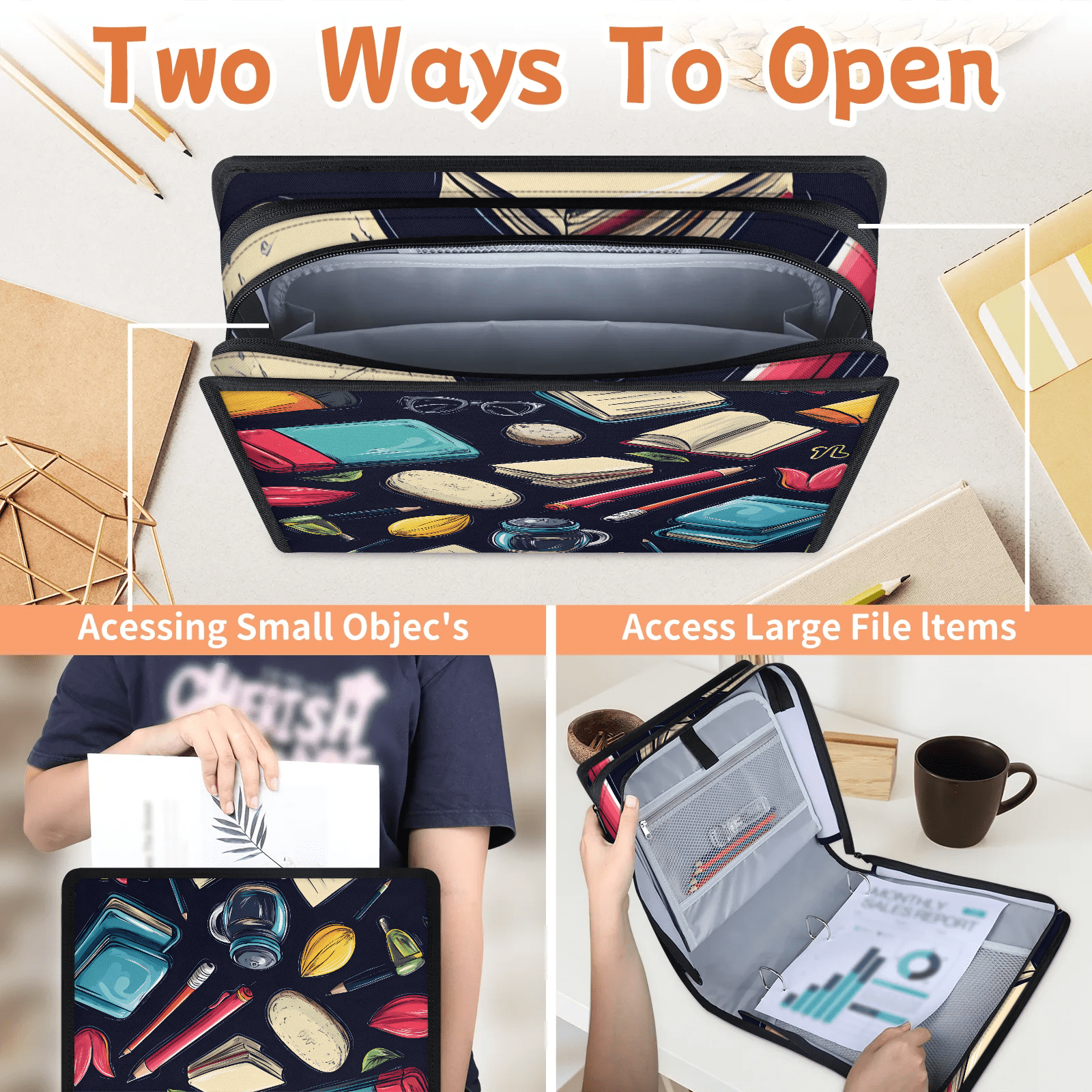 Water-Resistant Zipper Binder with 2 Expandable File Pockets and Detachable Strap, 3 Ring A4 Organizer for Students and Teachers, 13.78x12.6 Inches