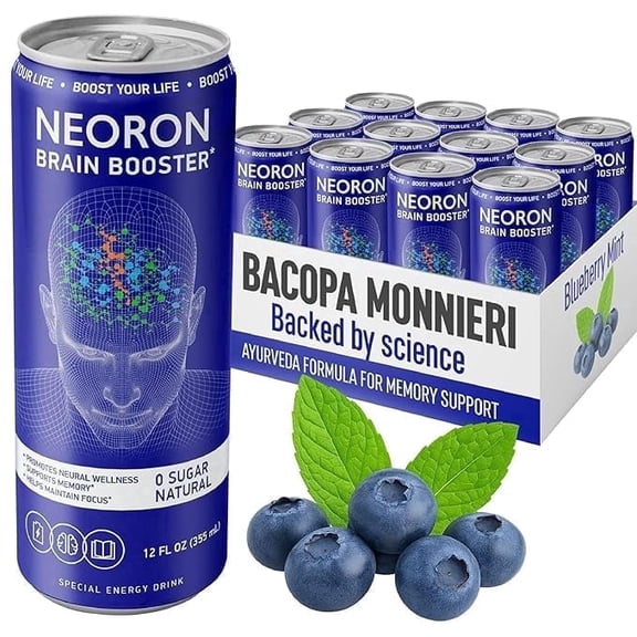 NEORON Focus   Calm | Nootropic Drink for Mental Clarity - Stress & Burnout Support  (12-Pack, Blueberry & Mint, Sugar-Free)