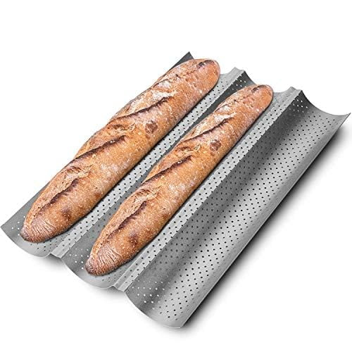 KITESSENSU Baguette Pan Perforated French Bread Baking Pan for 3 Loaves, Nonstick Baguette Pans for Baking 15"x9.5", Carbon Steel Baking Tray for French & Italian Bread, Silv