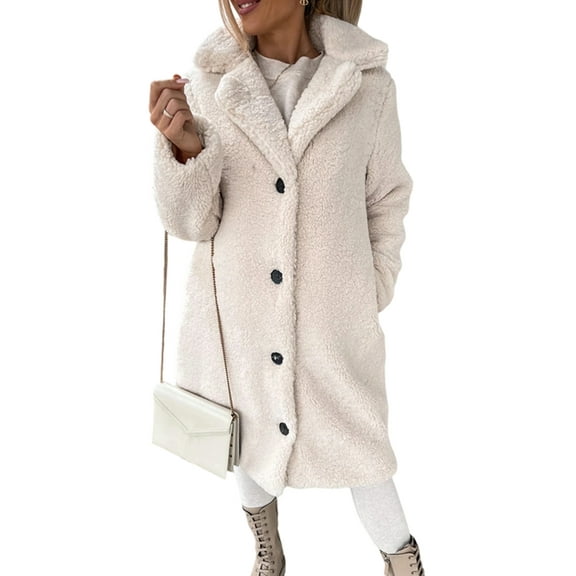 Women'S Casual Long-Sleeved Lapel Button Coat Autumn and Winter Plush Coat Long Coat Apricot L