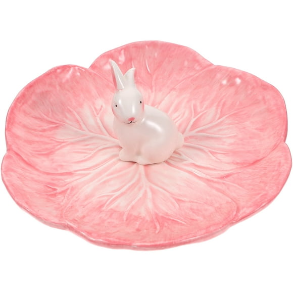 Kids Ceramic Dish Chinese Cabbage Design Dinner Plate Food Platter with Rabbit for Dessert Fruit Salad (Pink)