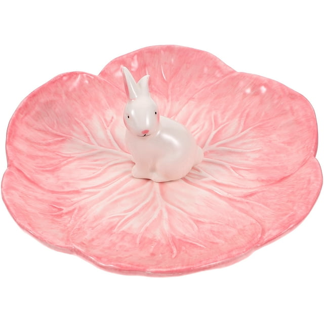 MasteelfCA Kids Ceramic Dish Chinese Cabbage Design Dinner Plate Food Platter with Rabbit for Dessert Fruit Salad (Pink)