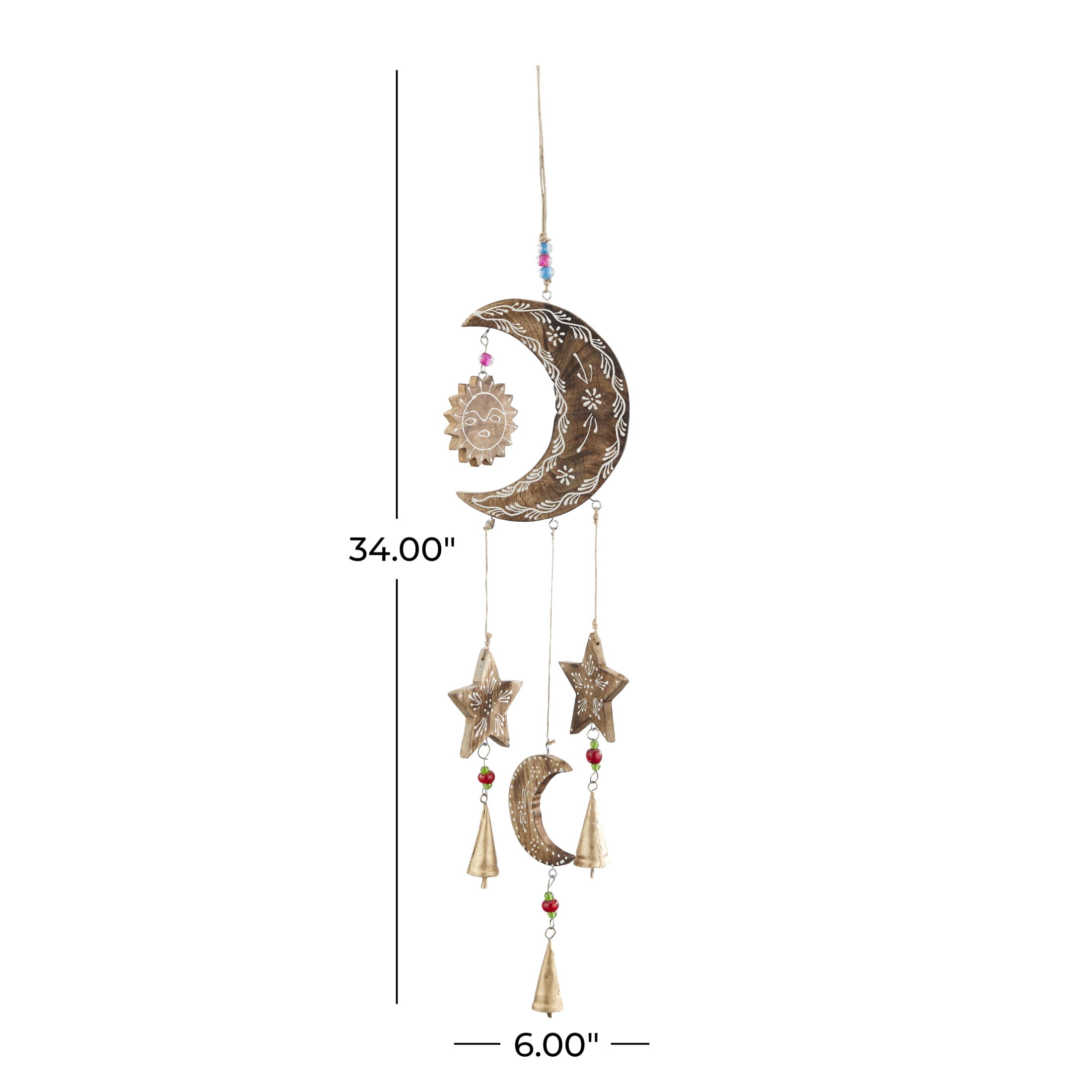 DecMode 34" Gold Mango Wood Handmade Sun and Moon Windchime with Glass Beads and Cone Bells