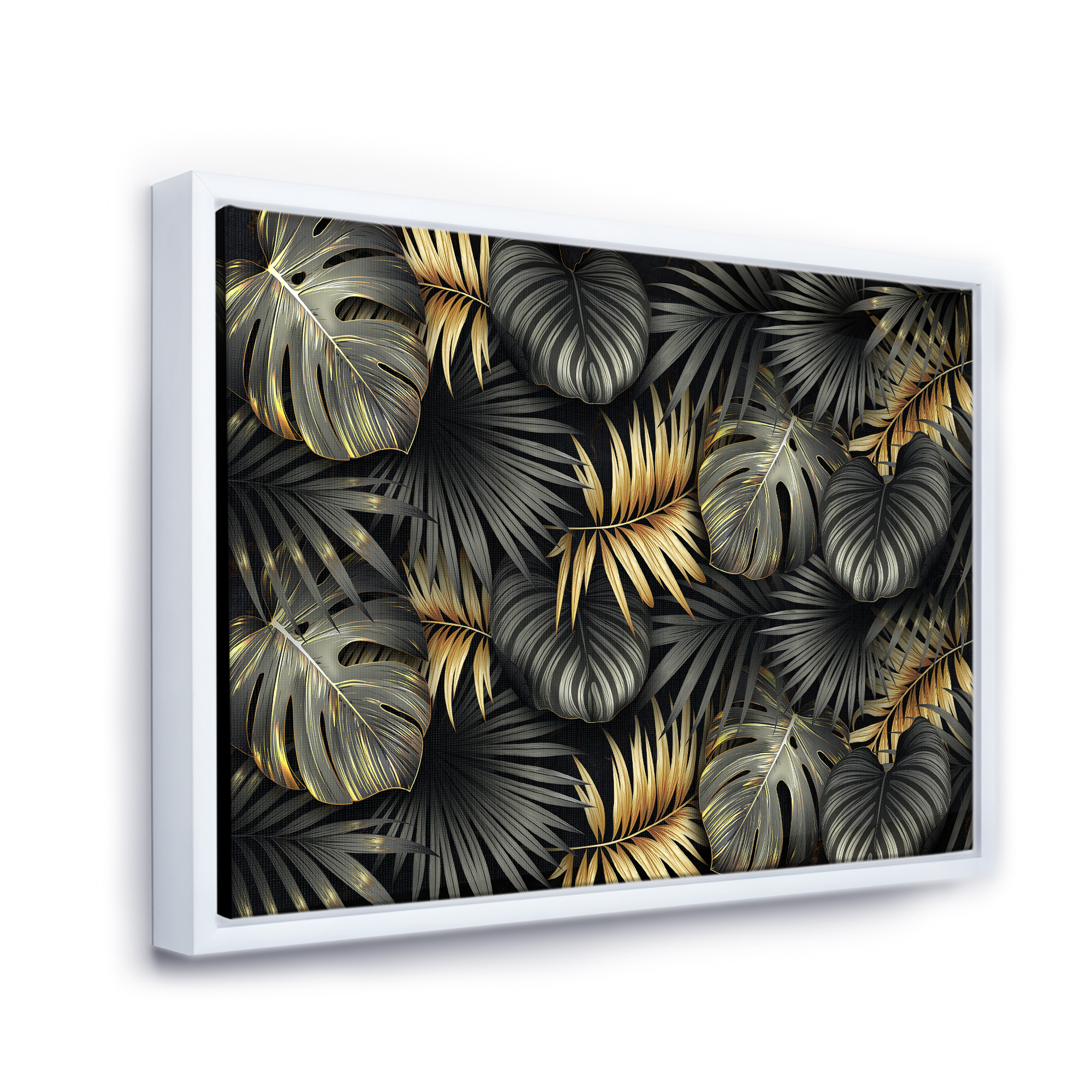 Designart 'Gold and Black Tropical Leaves II' Modern Framed Canvas Wall Art Print
