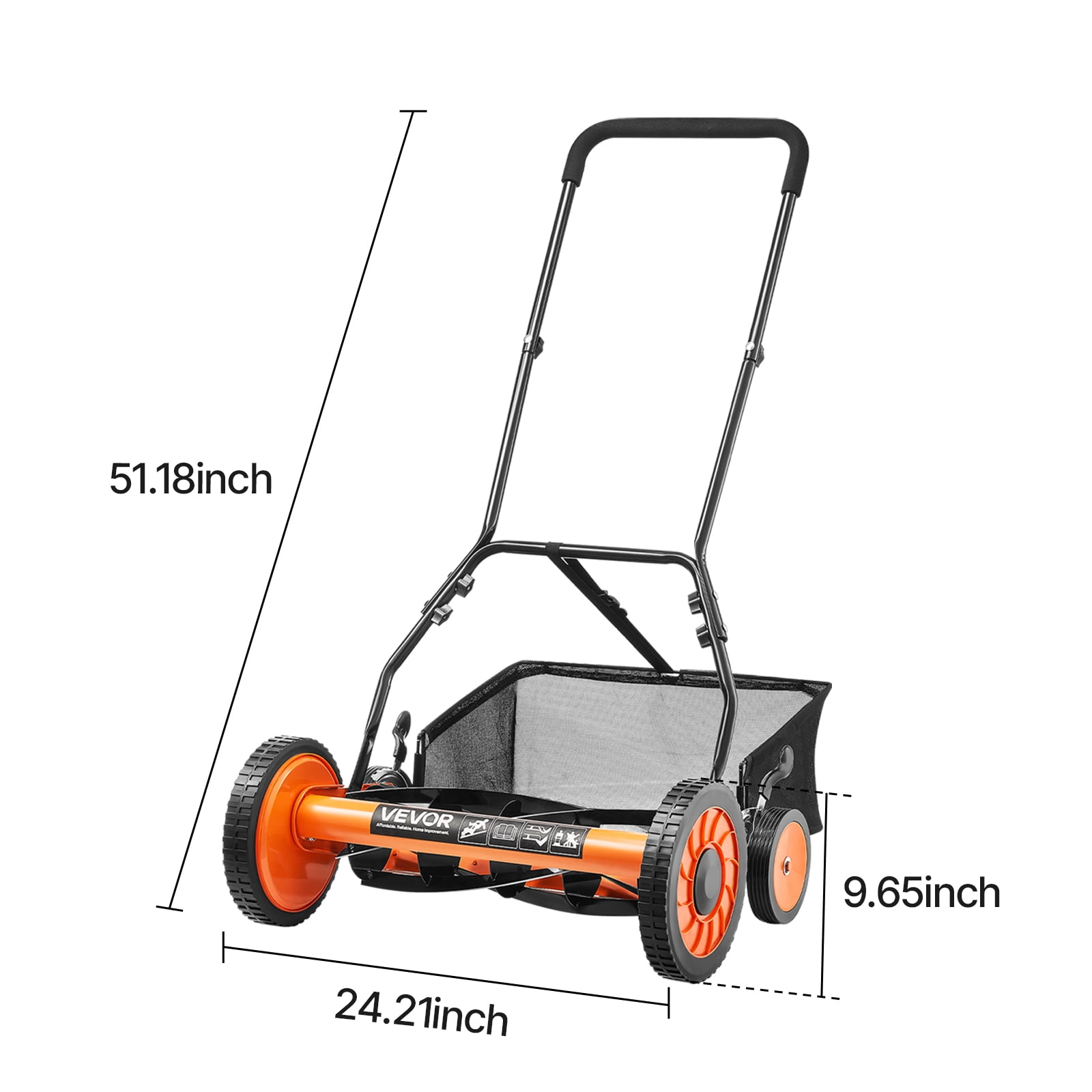VEVOR Push Reel Lawn Mower 18 inch, 5 Blades Manual Push Mower No Motor, 1.37-2.44 in Adjustable Cutting Height, Walk-Behind Lawn Mowers with Grass Catcher Bag for Green Lawns, Driveways, Courtyards