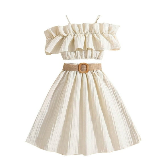 ZACPNCV Girl's Two Piece Summer Outfits Cold Shoulder Short Sleeve Crop Top Ruffle High Low Skirt Sets Beach Vacation Dress Khaki 10-11 Years