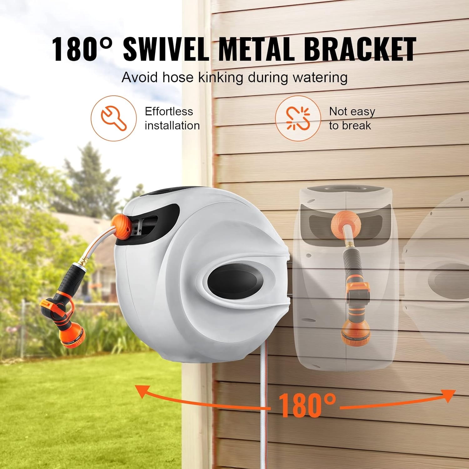 Retractable Hose Reel, 115 ft x 1/2 inch, Garden Water Hose Reel with 9-Pattern Nozzle, 180 °   Swivel Bracket Wall-Mounted, Automatic Rewind, Lock at Any Length, with Slow Return System