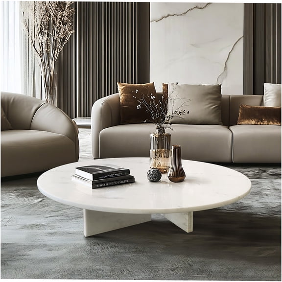 JERFIT 35.4 Inch Round Marble Coffee Table for Living Room, White Natural Stone Top with Metal Base, Modern Luxury Center Table