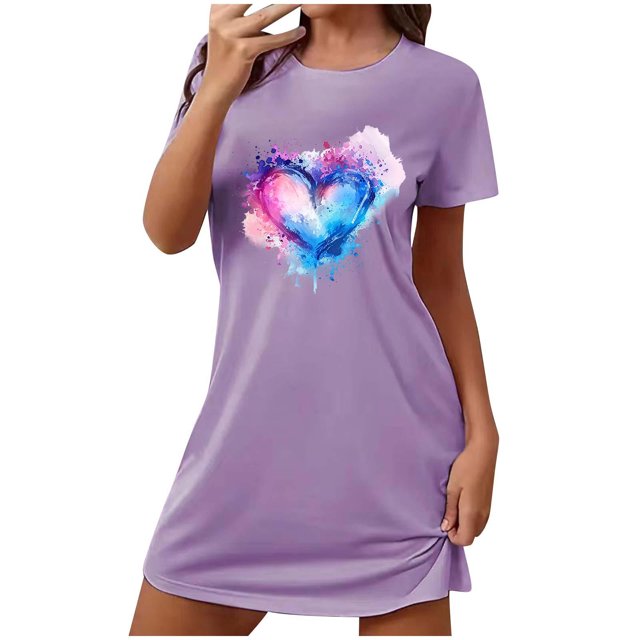 Chemises de Nuit pour Femmes Douces, Chemises à Manches Courtes pour Femmes, Chemise de Nuit Courte Surdimensionnée pour Femmes Mode avec Imprimé sur la Poitrine à Manches Courtes, Chemises de Nuit pour Femmes Douces, Chemises à Manches Courtes pour Femmes