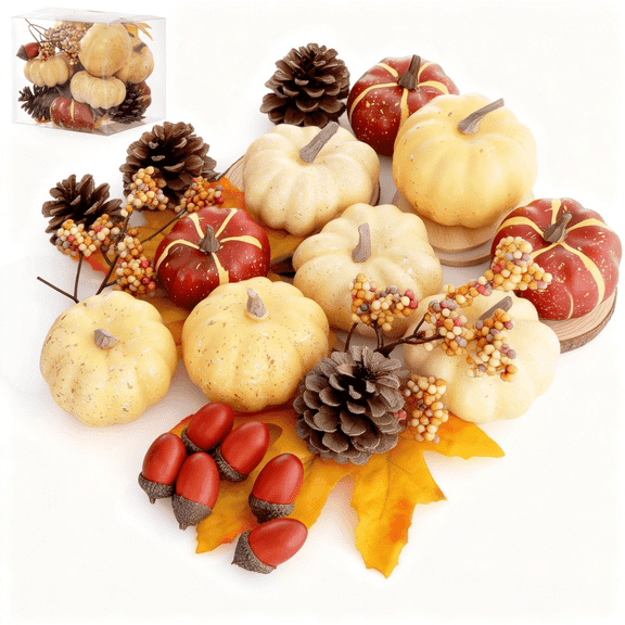 Artificial Pumpkin Decor Set, 23 Pcs Foam Fall Harvest Mini Pumpkins Acorns Pinecones Berries Maple Leaves Decor