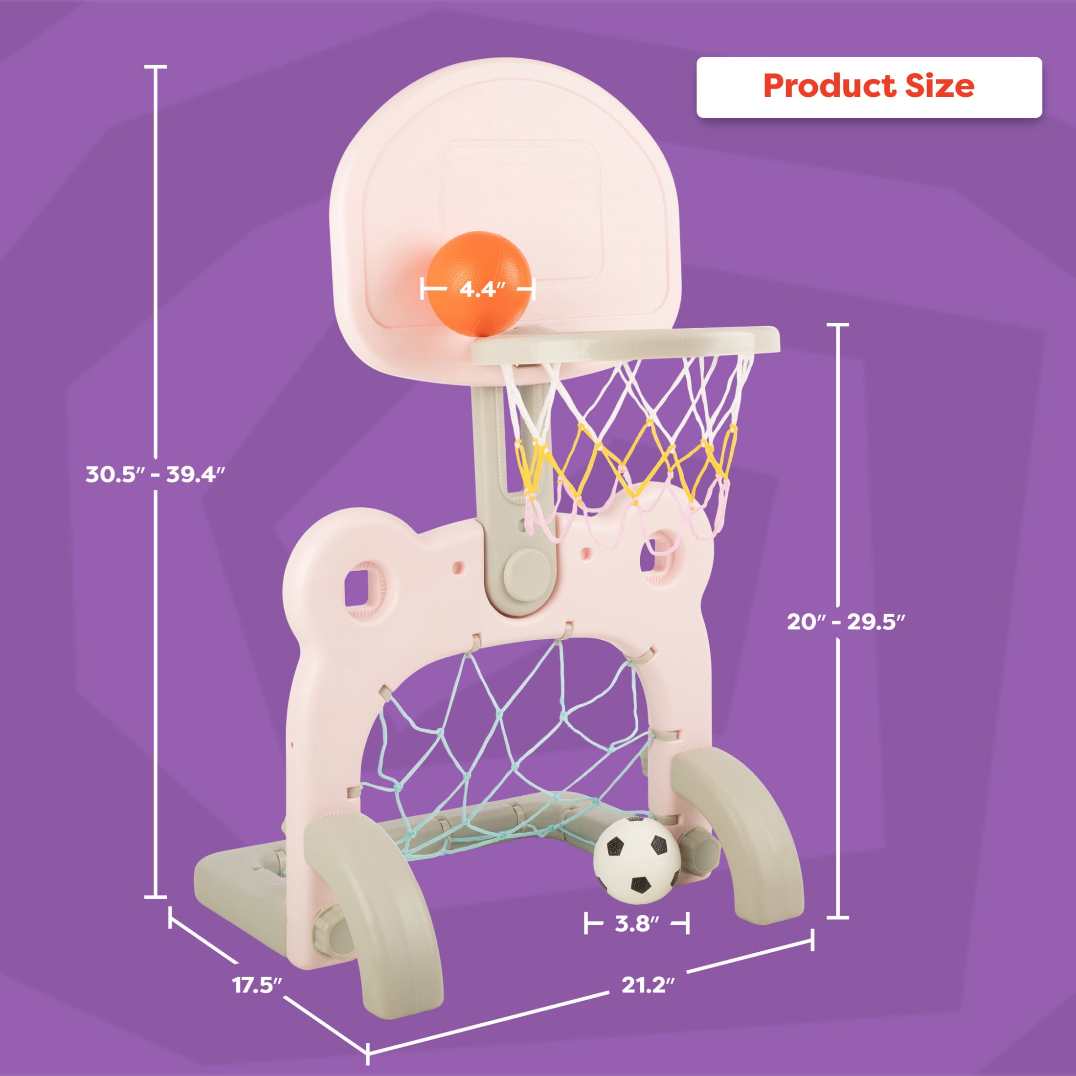 Hey Play 2-in-1 Adjustable Toddler Basketball Hoop and Soccer Goal (Pink)