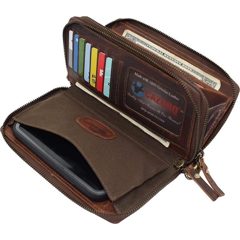 CAZORO Women's Vintage Leather RFID Blocking Wallet Double Zipper