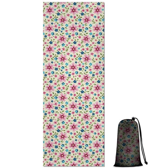 Lightgreen Daisy Flower Pink Blooms Pattern Hot Yoga Mat Towel Non Slip for Hot Yoga - Quick-Drying Yoga Mat Cover with 4 Corner Pockets with Travel Bag - Hot Yoga Towel Non Slip 70"x26"