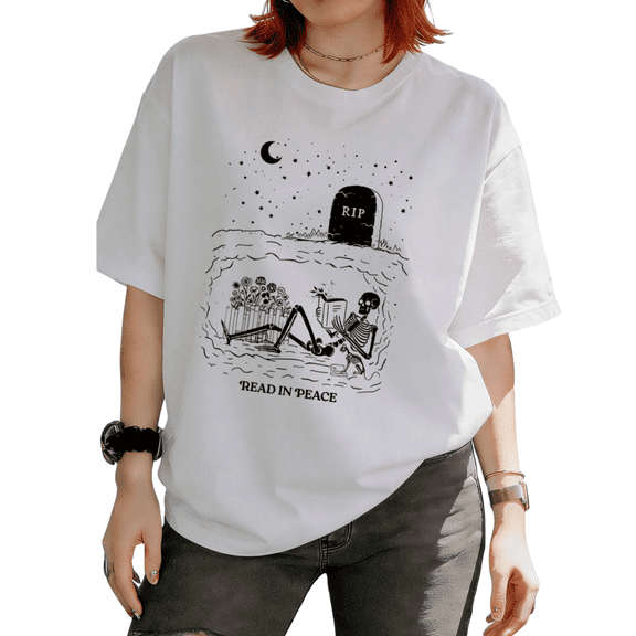 Reading in Peace Skeleton Reading Book Reading Peace Graphic Simple Minimalist Tees T-Shirt Short Sleeve White S-5XL