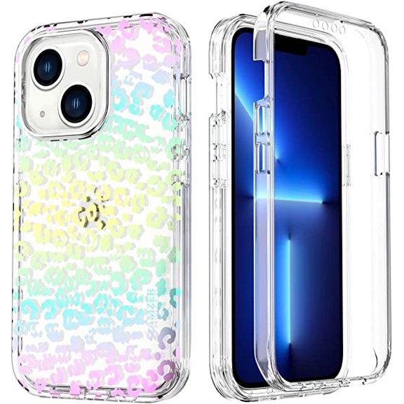 Amzer Crusta Hybrid Full Body Case for iPhone 13 with Built-in Screen Protector - Glitter Cheetah Print